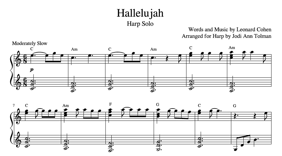 Hallelujah, Harp Solo Music by Jodi Ann