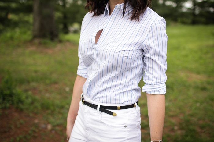 How to style a classic button down | A.Viza Style | Loft white jeans - banana republic button down - banana republic fringe orange heels - office style