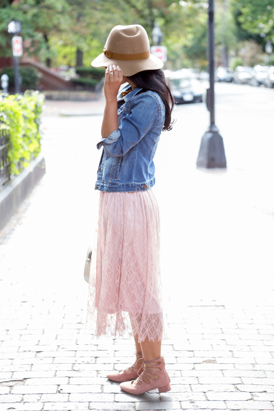 long skirt and denim jacket