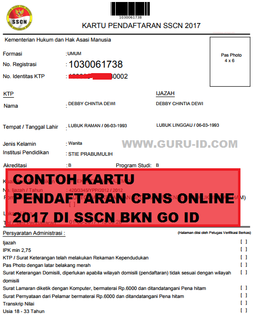 gambar CONTOH KARTU PENDAFTARAN CPNS ONLINE 2018 DI SSCN BKN GO ID