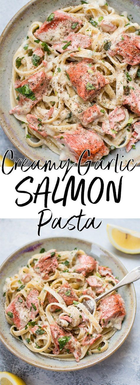 Salmon Pasta with a Creamy Garlic Sauce - healthy meals recipe