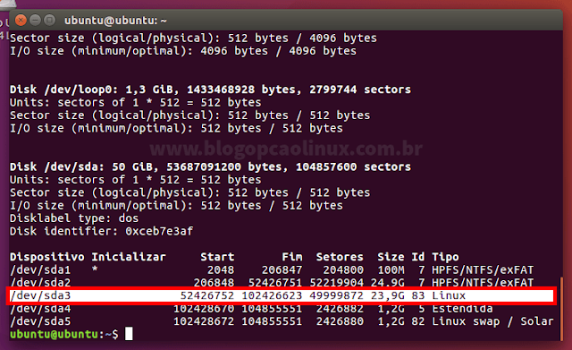 Saída do comando sudo fdisk -l