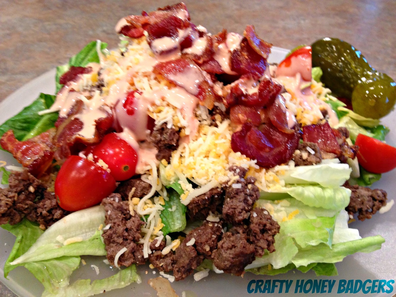 Crafty Honey Badgers Bacon cheeseburger salad