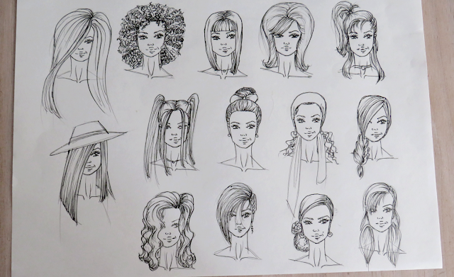 Dibujo de distintos peinados para figurines de moda entintados