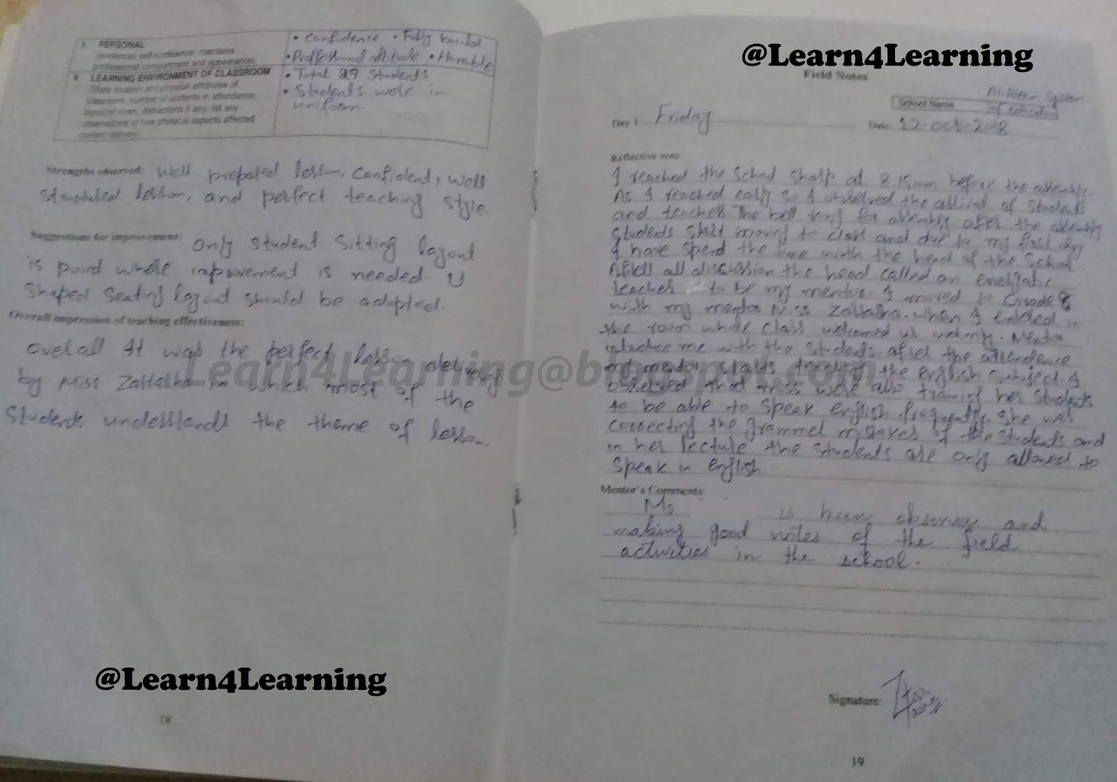 B.ed teaching practice I AIOU course code 8607 Field notes