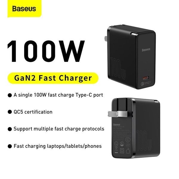 Bộ sạc siêu nhanh Baseus GaN2 Fast Charger 1C 100W (GaN2 Technology, QC5.0/QC4.0/PD3.0/ PPS Multi Quick Charge Protocol Support) (Chân tròn - Chân dẹp)