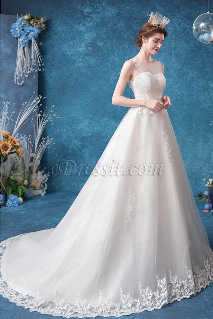 long train wedding dress with illusion neckline and lace embroidery