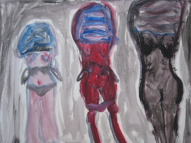 <pintura que muestra a tres mujeres levantando sus camisetas para mostrar sus cuerpos medio desnudos, alguna de ellas con ropa interior, sujetador y bragas medio bajadas, obra de Emebezeta