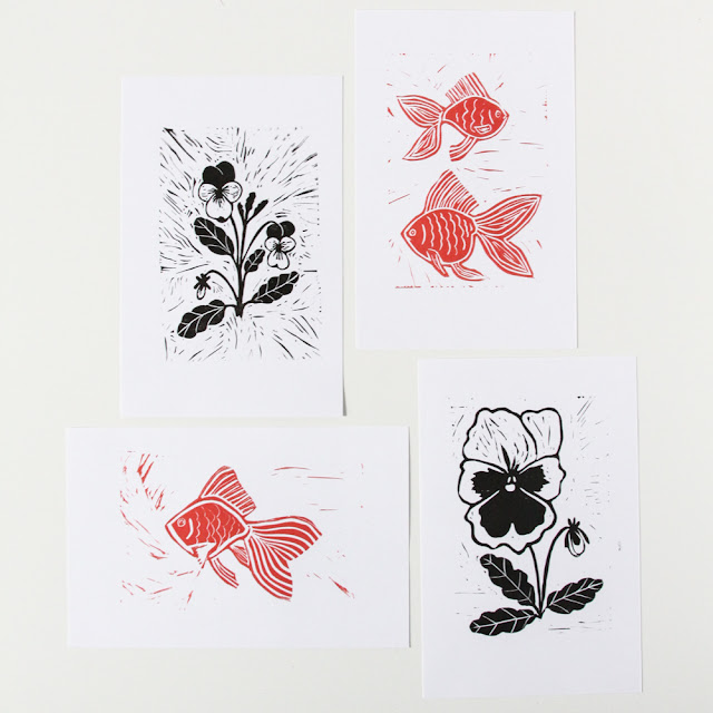 linocuts, lino prints, goldfish, pansy, violas, Anne Butera, My Giant Strawberry