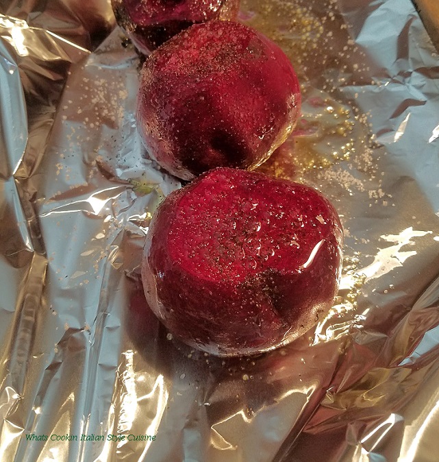 these are washed cleaned and oiled beets on top of foil with salt and pepper