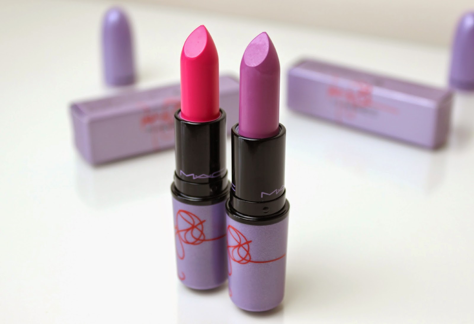 A picture of the Kelly Yum-Yum & Dodgy Girl lipsticks from the Kelly & Sharon Osbourne for MAC collection.