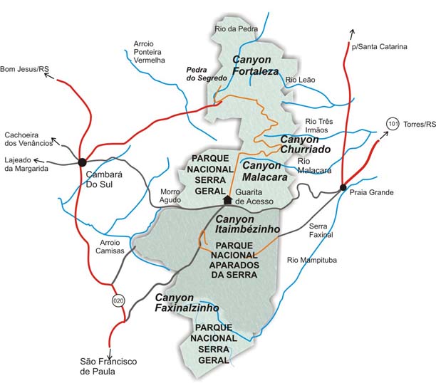 Mapa dos Canyons de Cambará do Sul