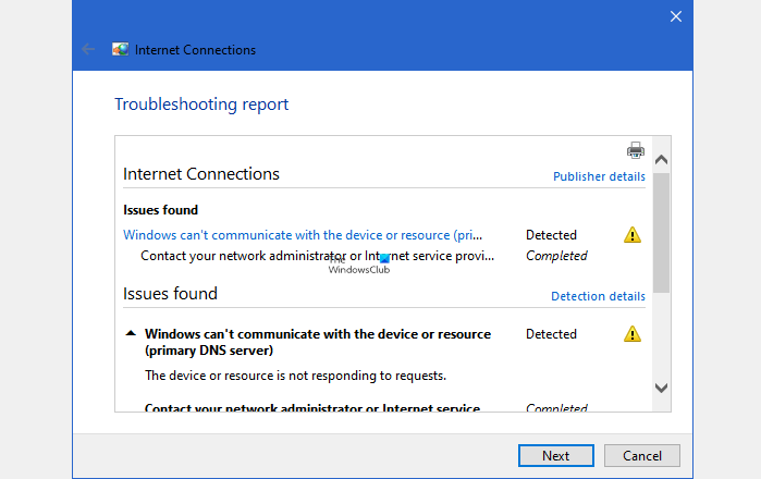 Windows가 장치 또는 리소스(주 DNS 서버)와 통신할 수 없음