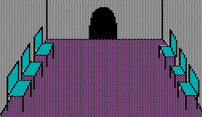 Image from the Sierra game, The Wizard and the Princess (1980).  It shows two rows of chairs up against the side walls of a room.