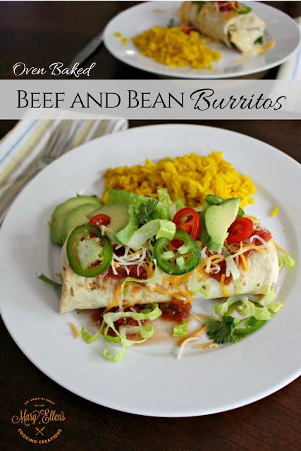 Oven Baked Beef and Bean Burritos for a weeknight or celebration. Great dinner for Cinco de Mayo! Ground beef, beans, salsa, and toppings in crispy, oven-baked burritos.