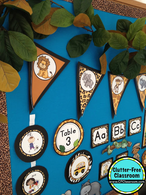 Are you planning a Jungle Safari themed classroom or thematic unit? This blog post provides great decoration tips and ideas for the best Jungle Safari theme yet! It has photos, ideas, supplies & printable classroom decor to will make set up easy and affordable. You can create a Jungle Safari theme on a budget!