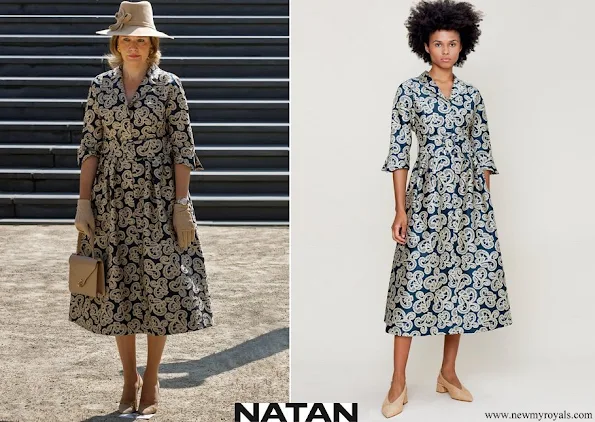 Queen Mathilde wore Natan Monki midi dress in jacquard with embroidery motif