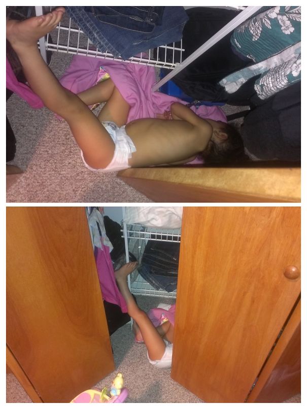 15+ Hilarious Pics That Prove Kids Can Sleep Anywhere - Napping In The Closet