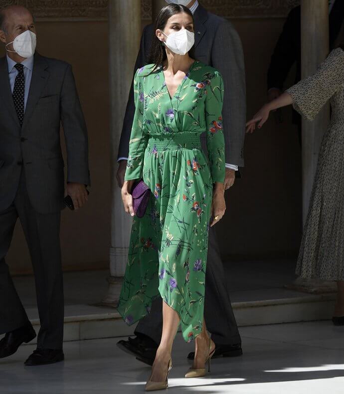 Queen Letizia wore a green floral prints silk midi dress from Maje Paris. Awards ceremony at Alhambra Palace