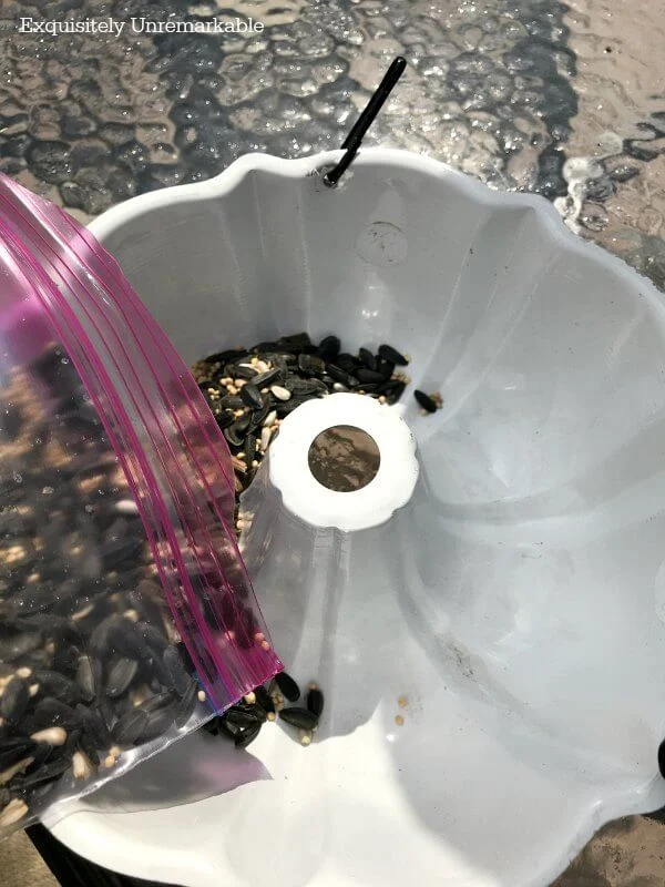 Pouring bird seed into cake pan feeder