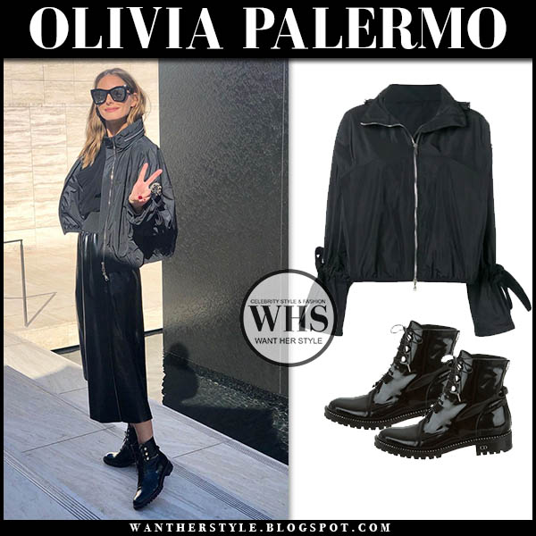 Olivia Palermo in black nylon jacket and black patent ankle boots in LA ...
