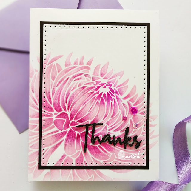 Stenciled flower card, Chrysanthemum card, Stenciling and pencil coloring, Big bold floral card, Uniko's Chrysanthemum stencil, Quillish, Guest designer