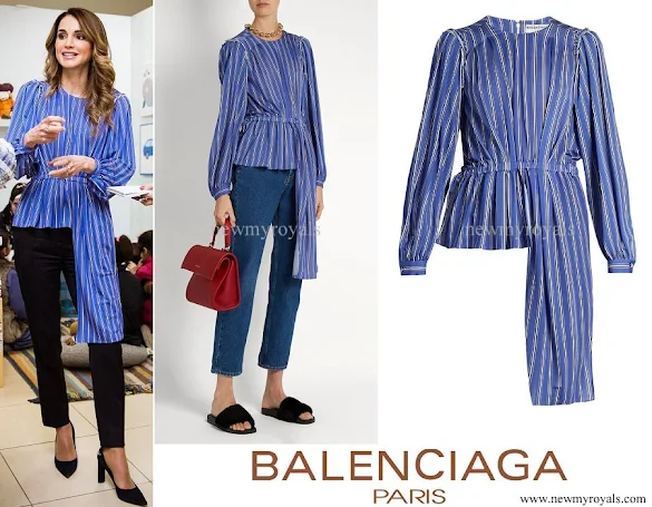 Queen Rania wore Balenciaga Asymmetric Long-Sleeve Striped blouse