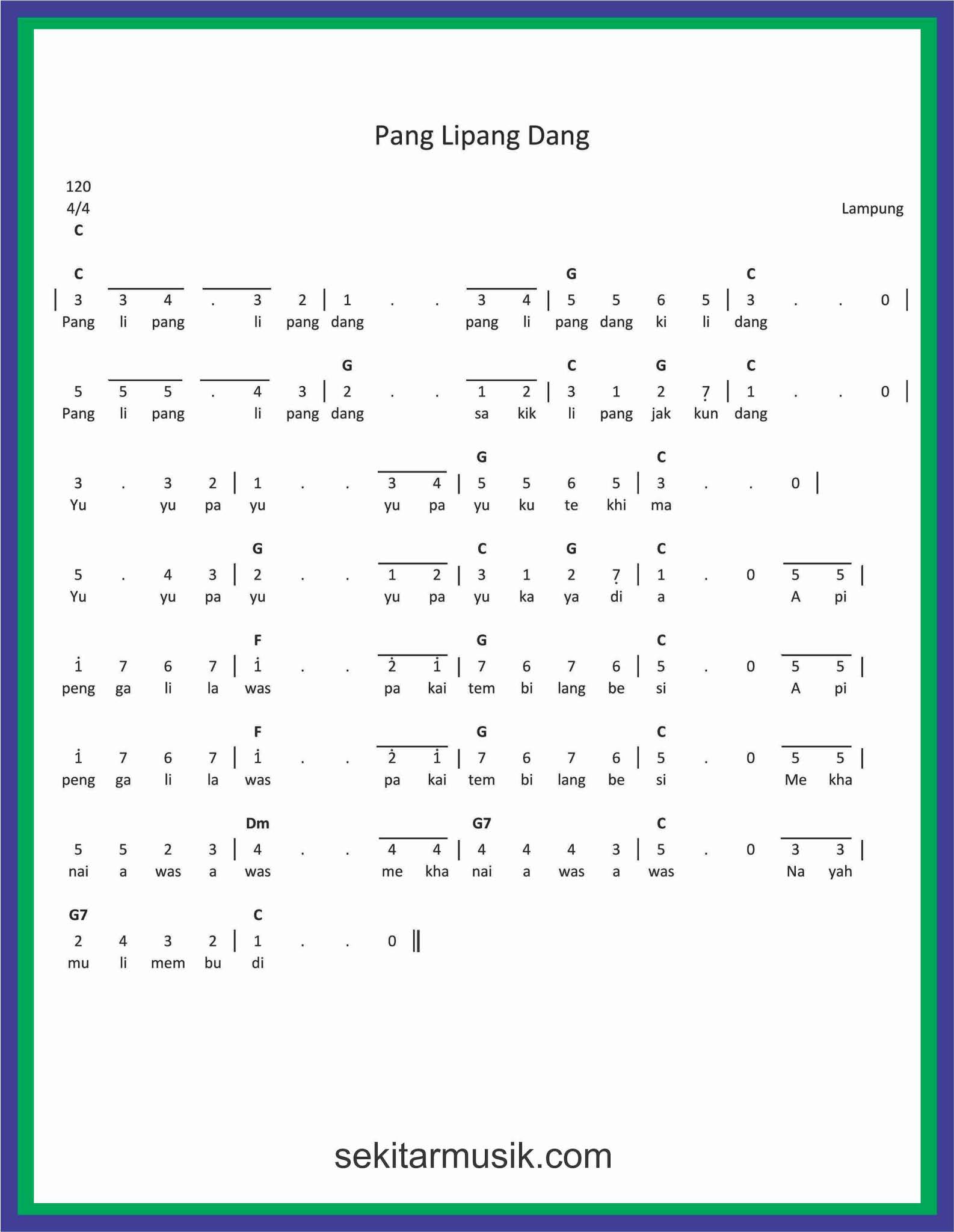 Not Angka Lagu Pang Lipang Dang Sekitar Musik