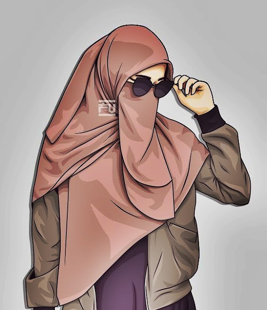 Gambar kartun muslimah bercadar berkacamata