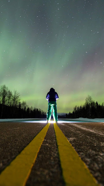 Northern Lights Wallpaper, Alone Man, Road HD