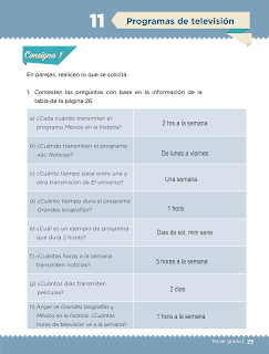 Respuestas Apoyo Primaria Desafíos matemáticos 3er grado Bloque 1 lección 11 Programas de televisión