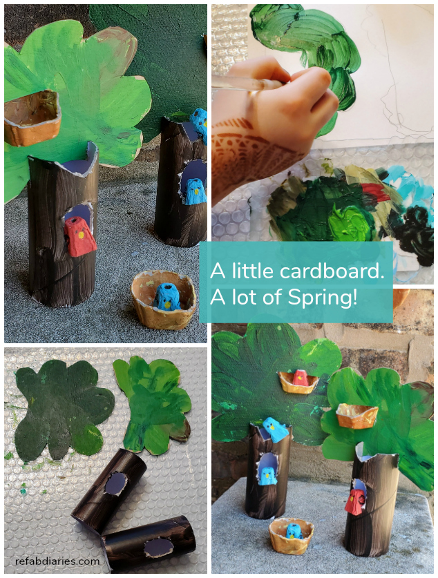 Upcycled spring craft egg carton birds in trees the ReFab Diaries
