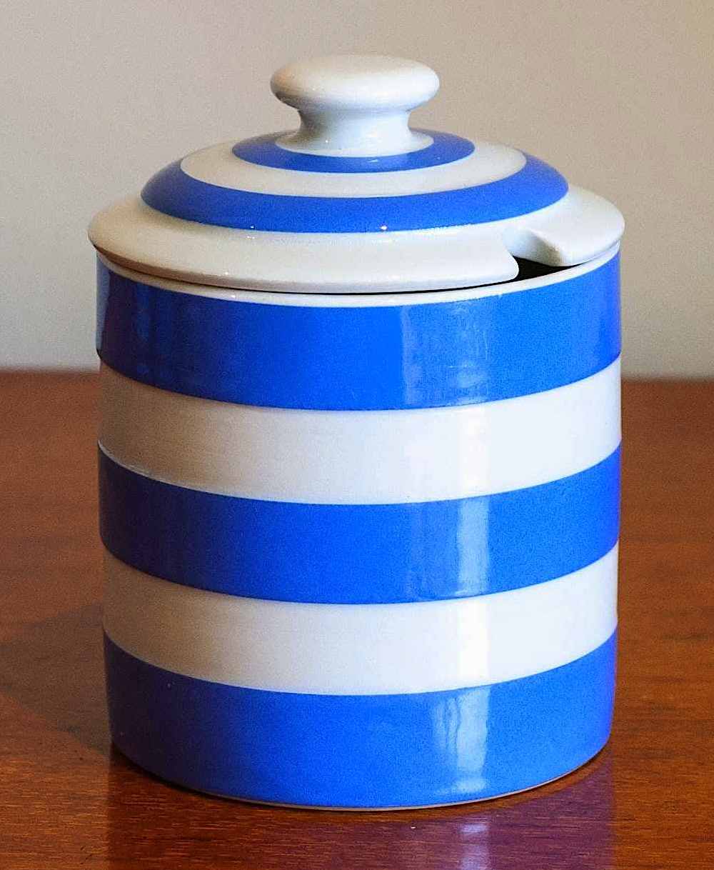 Cornishware jam jar 1940? a Cornishware jam jar 1940? blue and white stripes in a color photograph