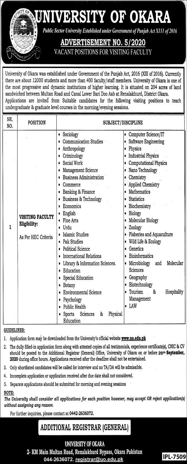 University of Okara Jobs 2020