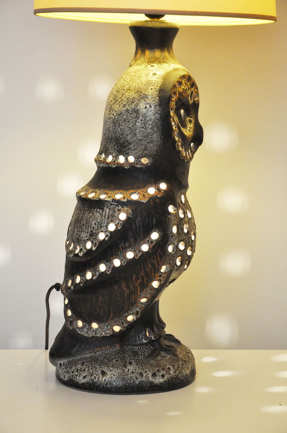 Lampe hibou chouette Chaumette et son abat jour en soie peint à la main -   France