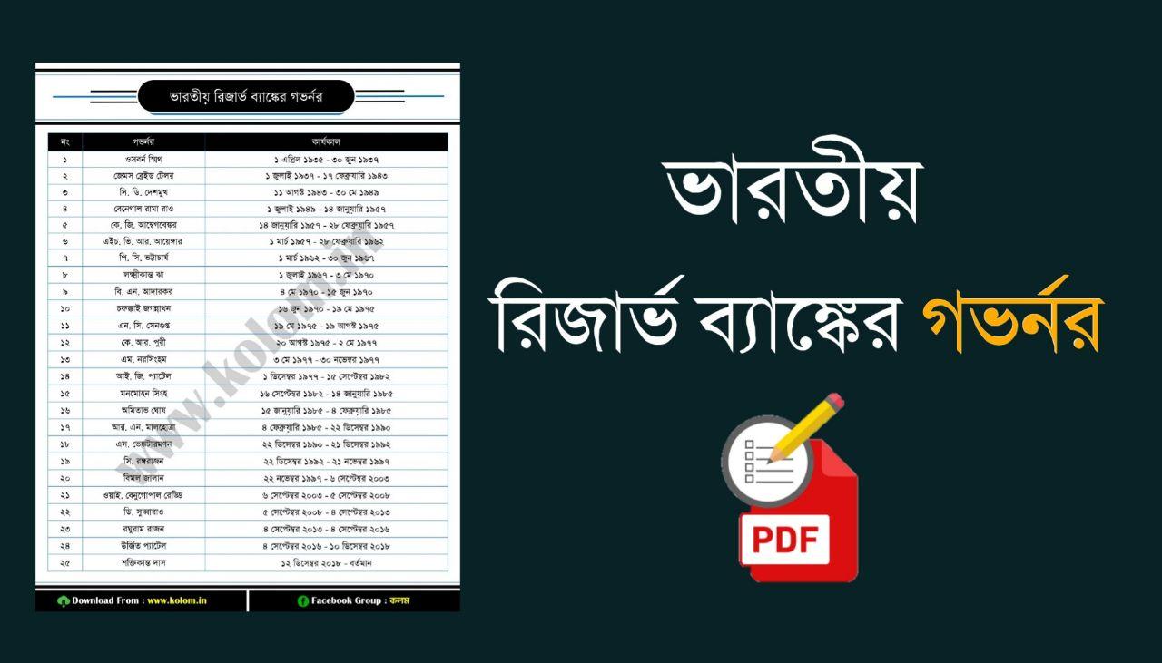 ভারতীয় রিজার্ভ ব্যাঙ্কের গভর্নরদের তালিকা PDF - List of Governors of Reserve Bank of India PDF in Bengali