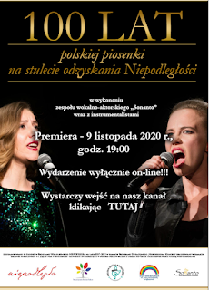 Plakat koncertu "100 lat polskiej piosenki na stulecie odzyskania niepodległości. U dołu po lewej i po prawej sylwetki kobiet. Są ubrane wieczorowo. Śpiewają do mikrofonów.