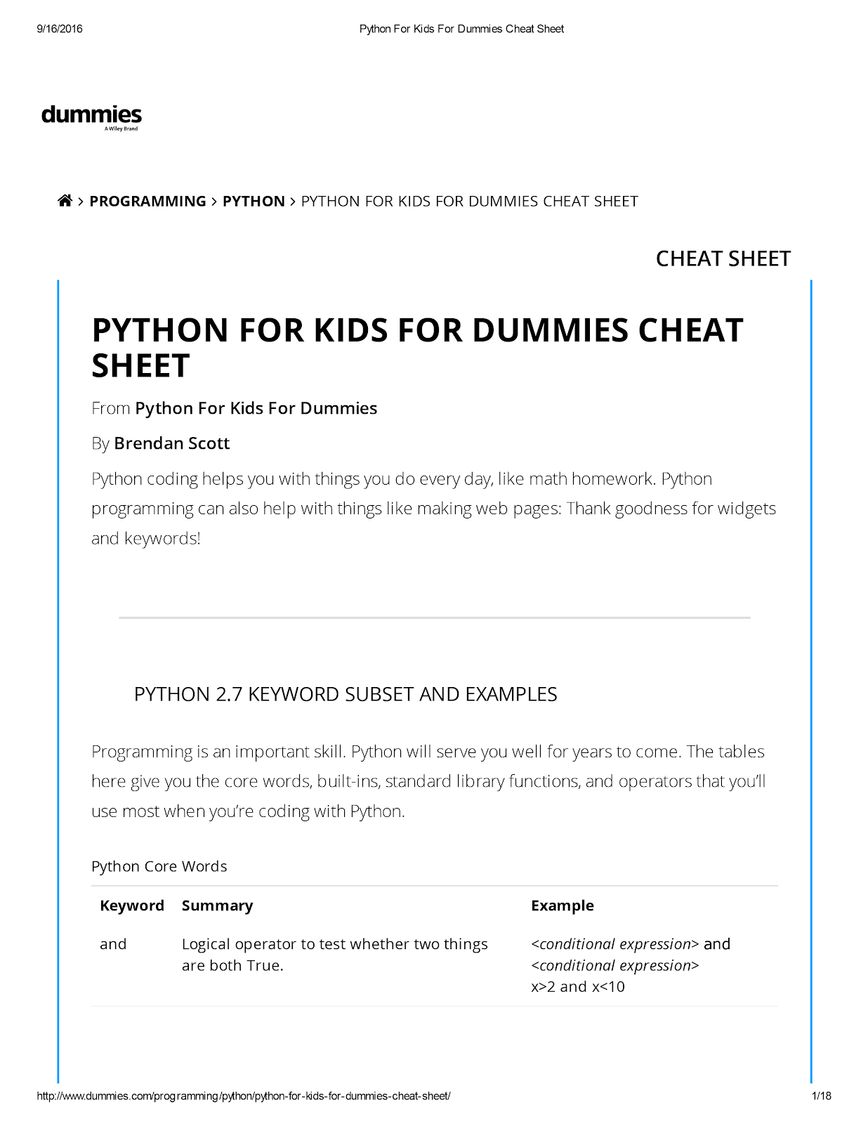 All Guide, Manual, and Tips: Python For Kids For Dummies Cheat Sheet