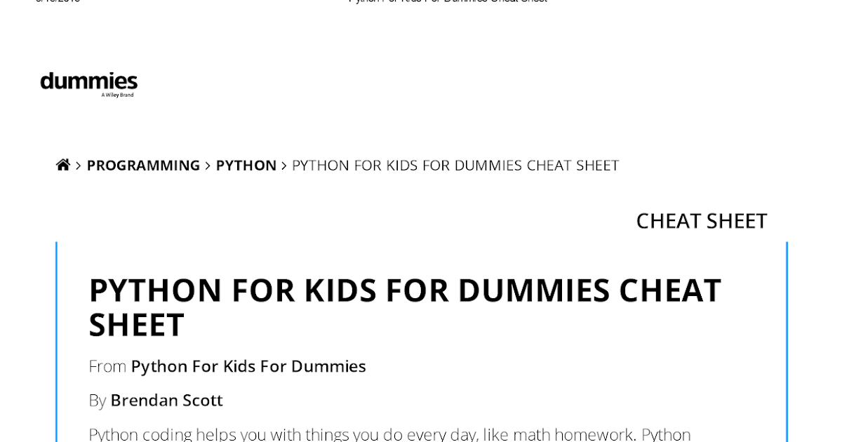 All Guide, Manual, and Tips: Python For Kids For Dummies Cheat Sheet
