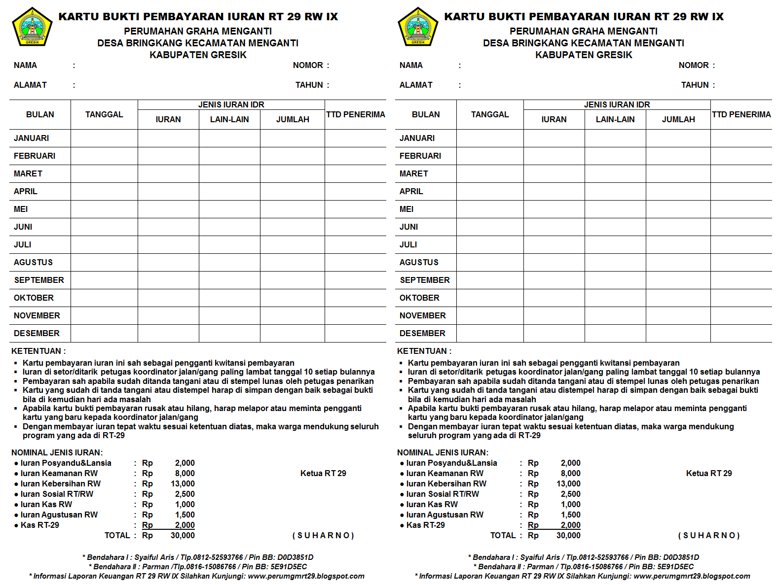 Format Kartu Iuran RT.29.RW.09 My Blog Perumahan Graha Menganti RT29