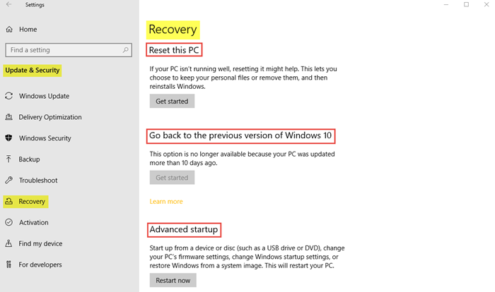 Mise à jour Windows et paramètres de sécurité dans Windows 10