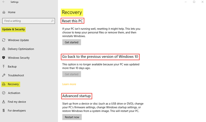 Configuración de seguridad y actualización de Windows en Windows 10