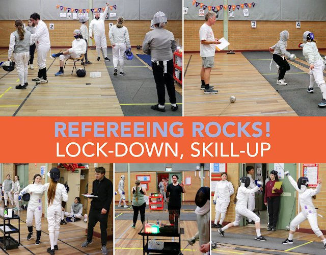 Stacked images of referees of various ages and genders in action refereeing club comp bouts with varying degrees of theatricality. Two images on top row, three on the bottom row and in between is an orange stripe which spans the stack and on which are two lines of text: refereeing rocks! in purple, and lock-down, skill-up in white.
