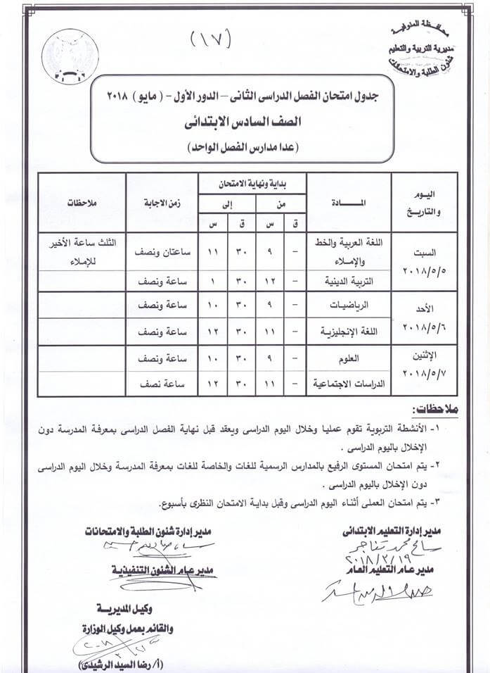 جدول امتحانات الصف السادس الابتدائي 2024 الترم الثاني محافظة المنوفية