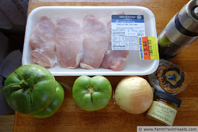 ingredients to make pork chops baked with curried green tomatoes and onions