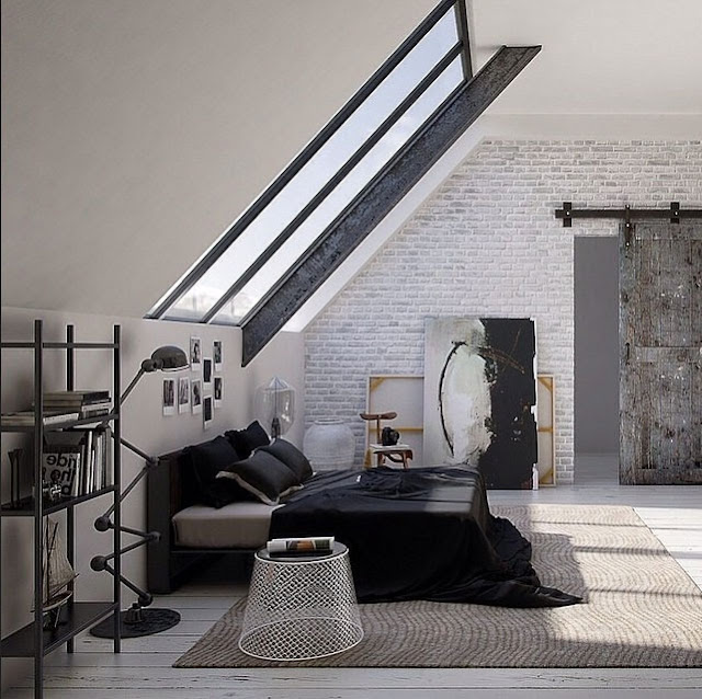 Dachschräge-schlafzimmer-industrial-Design-in-schwarz-weiß-mit-Oberlicht