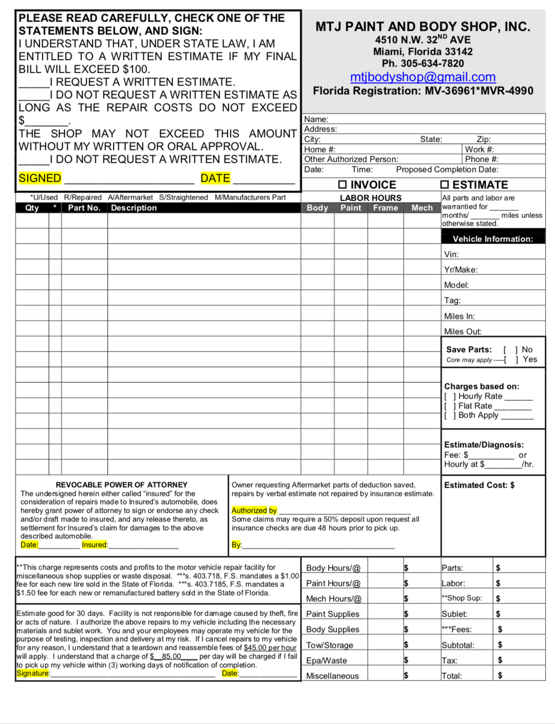 Body Shop Work Order Forms Invoice Template