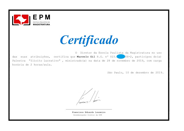 CERTIFICADO DE PARTICIPAÇÃO DO CICLO DE PALESTRAS DA ESCOLA PAULISTA DE MAGISTRATURA / 2019