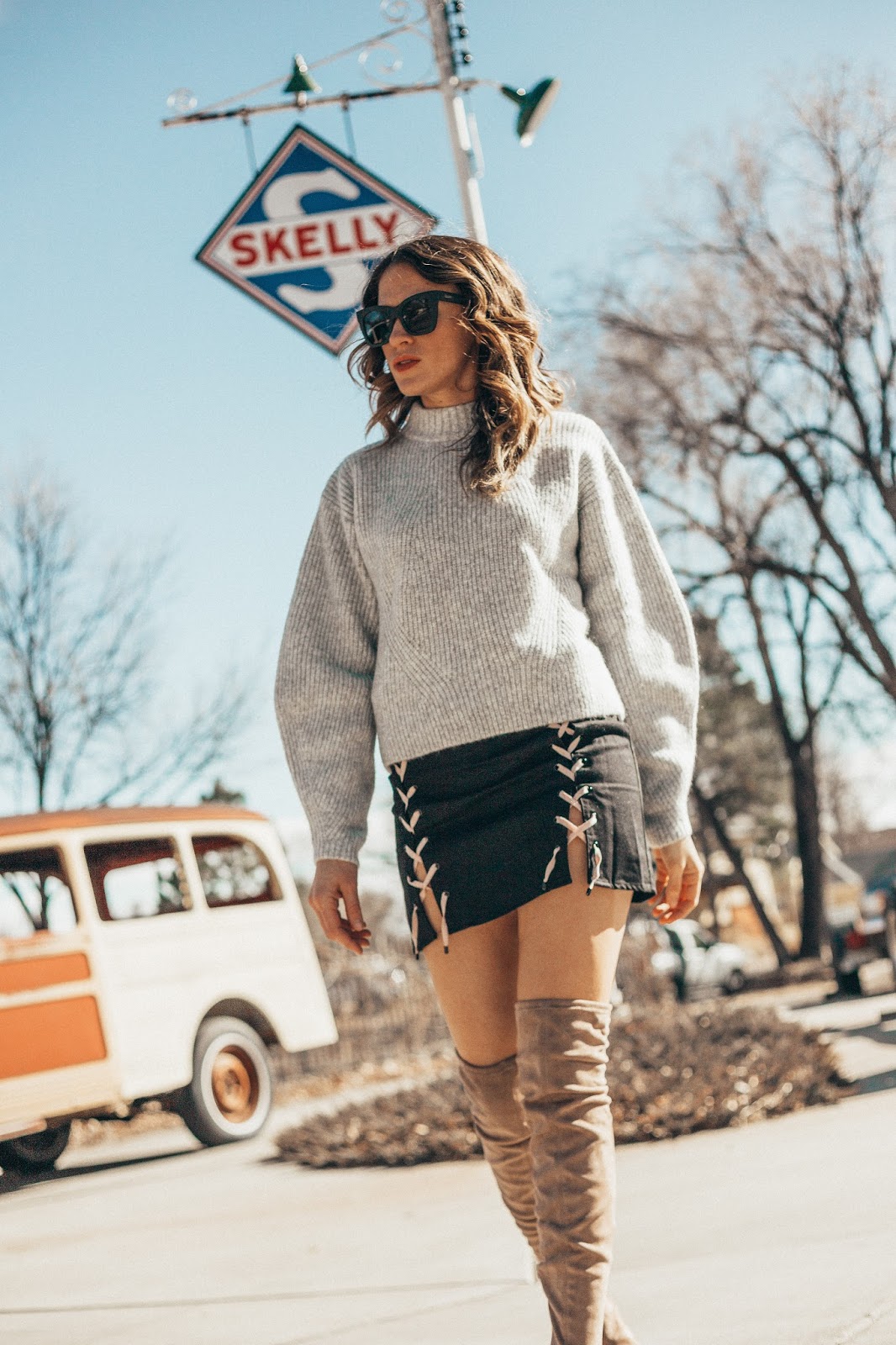 Skirt With Lacing & Sweater + OTK Boots by popular Colorado fashion blogger Eat Pray Wear Love