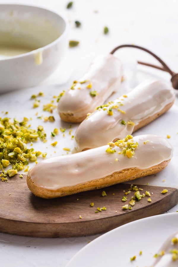 Pistachio Eclairs with White Chocolate Pistachio Mousse Filling Easy